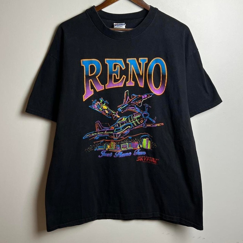 Vintage Reno Skyfire Just Plane Fun Planes Black Tee Shirt Mens XL